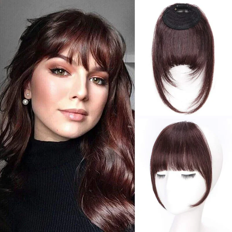 Clip On Bangs Hair Extensions Natural Black Bangs Barrette Tassel Straight Flat Bangs 5.5 Inch Curved Bangs