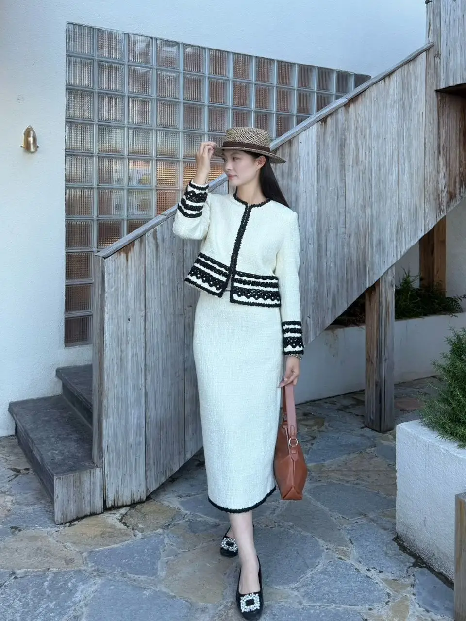 

YANGXIAOJING Heavyweight Woolen Tweed Set Chic Quilted Texture Autumn Winter Outfit High Waist Skirt ort Sve Button up C...