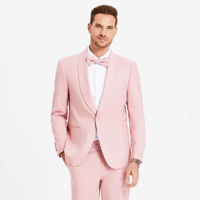 

High Quality Pink One Button Shawl Lapel Suits for Men Regular Length Slim Fit 2024 Wedding 2 Piece Jacket Pants Blazer Terno