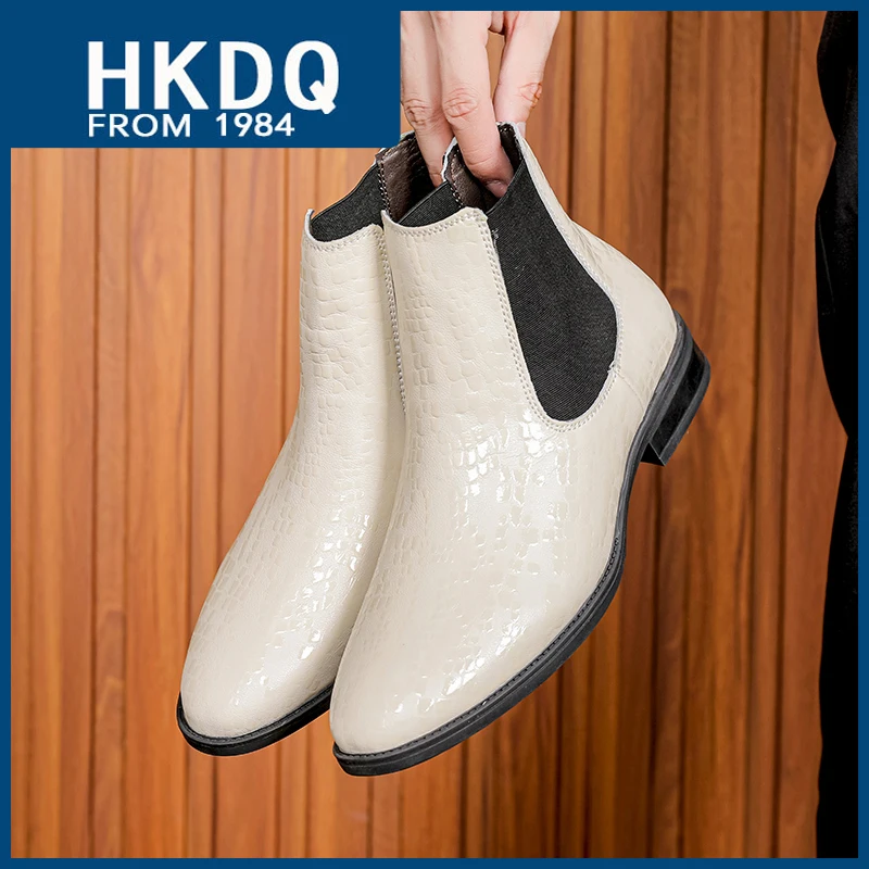 HKDQ British Style Beige Men\'s Chelsea Boots Fashion High Top Leather Ankle Boots Man Slip-on Pointed Toe Elegant Boots For Men