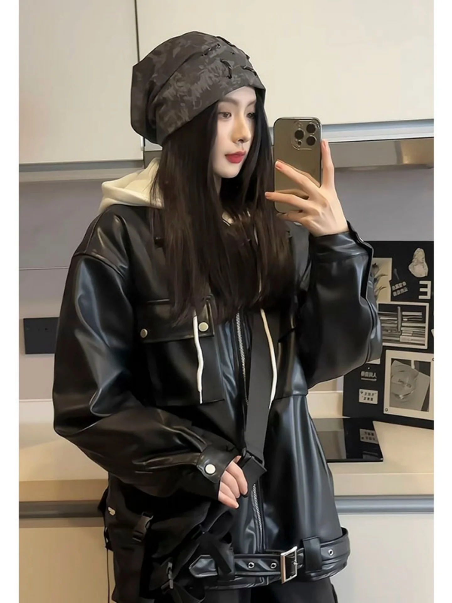 

Мужская байкерская утепленная кожаная куртка с капюшоном, имитация двухслойного дизайна, в американском ретро-стиле, верхняя одежда для осени и зимы