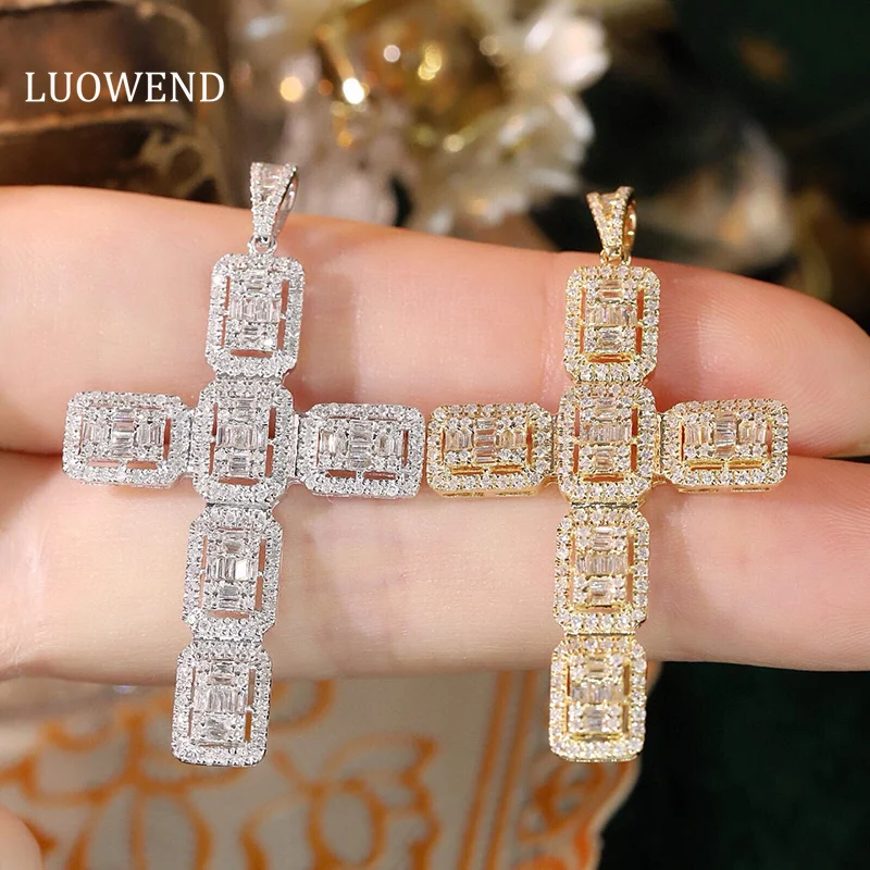 LUOWEND 100% 18K White or Yellow Gold Necklace Women Luxury Cross Pendant 0.92carat Real Natural Diamond Necklace Party Jewelry