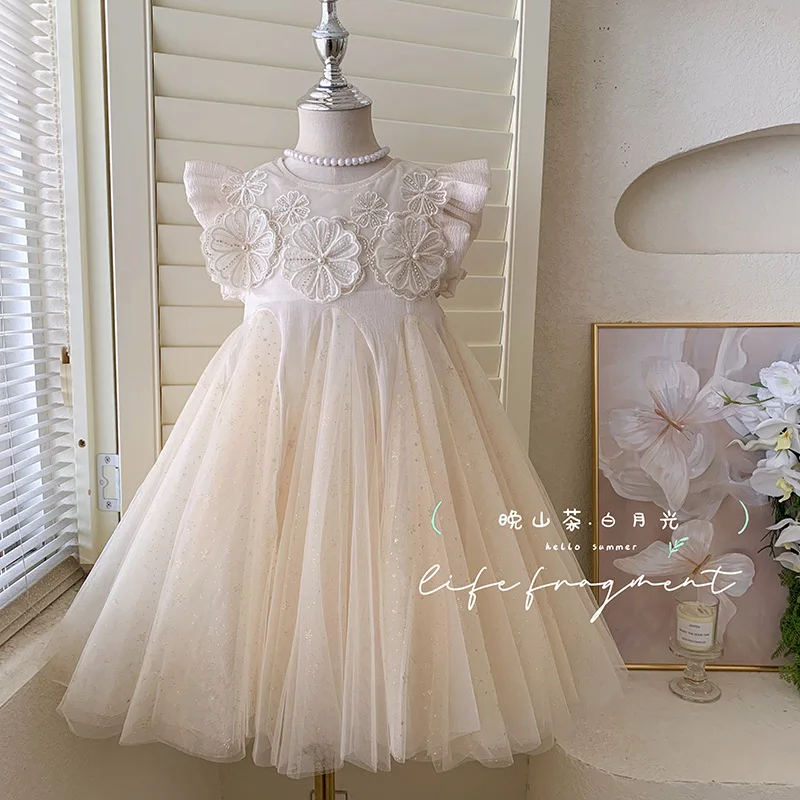 New stylish mesh patchwork princess dress with small flutter sleeves for girls