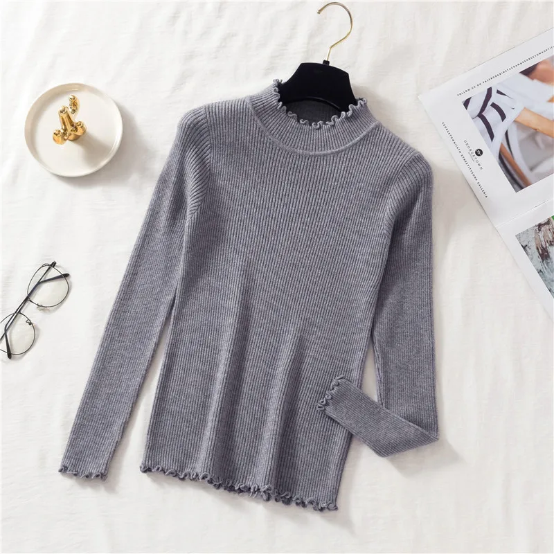 Camicia lavorata a maglia elastica skinny con collo a lupetto primavera autunno Pullover da donna Top Camicie con fondo in maglia sottile a maniche lunghe da donna