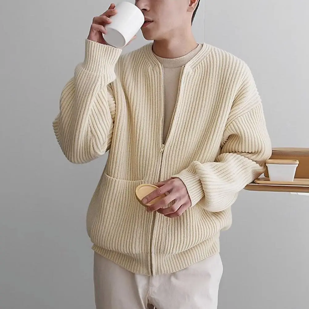 Sweater Cardigan Men's Collarless Knitted Sweater Coat with Zipper Placket Pockets for Autumn Winter Outwear Knitted Top Male