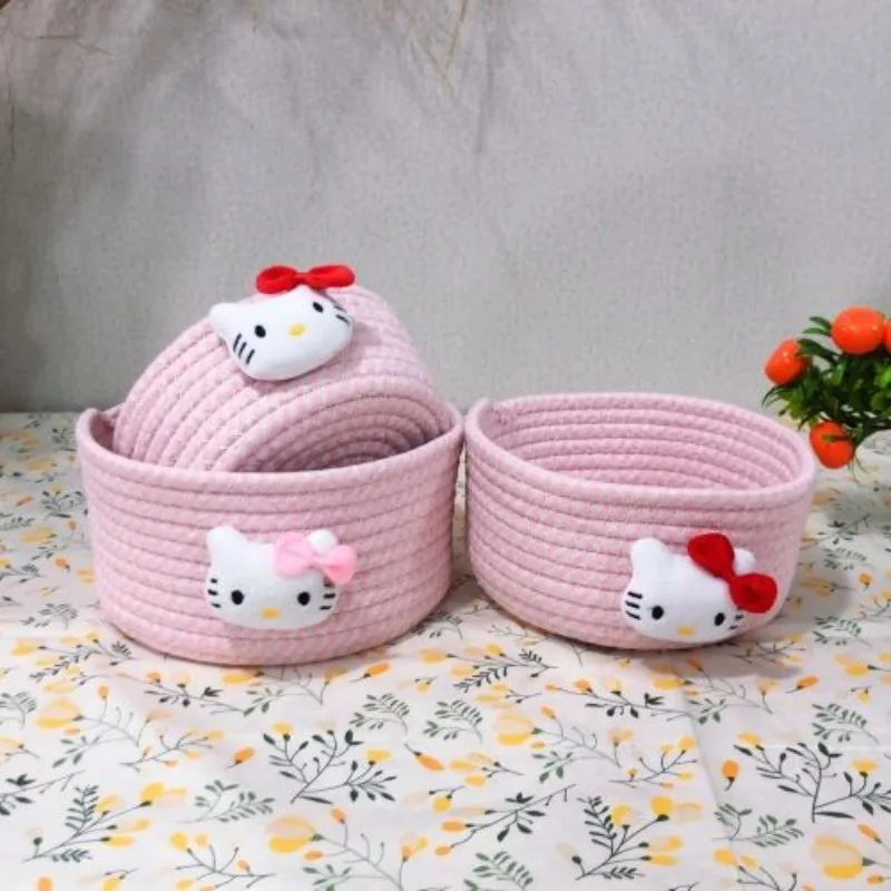 

New cute Sanrio Hello Kitty high-looking woven storage basket desktop snacks cosmetics storage box children's toys mini gift
