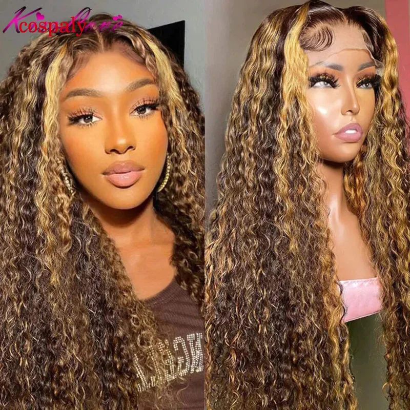 Highlight Ombre Curly Human Hair Wigs HD Transparent 13X4 Lace Front Wig Blond 32 Inch Deep Wave 13X6 Lace Front Wig For Women