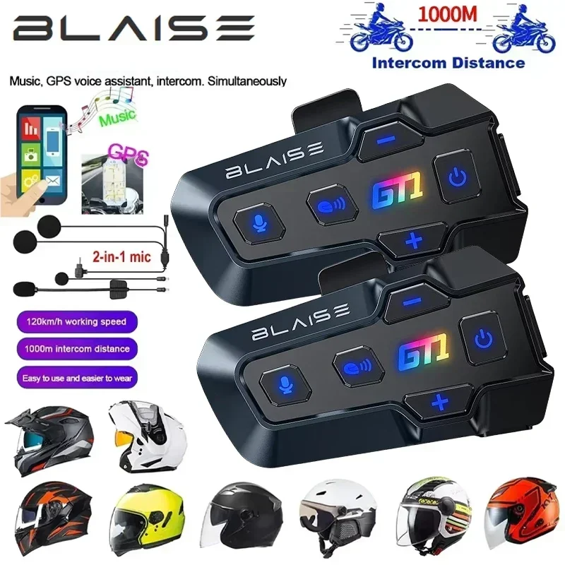 

BLAISE 1/2x Music Interphone Bluetooth 5.3 Motorcycle Helmet Intercom Headset Waterproof 1000m Intercomunicador Speaker Earphone