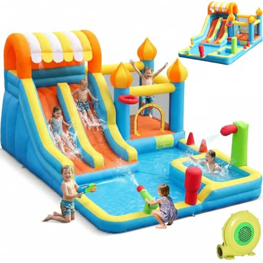 Inflatable Bounce House for Backyard: PVC, Blue, Quick Setup Stable 550W Blower Included