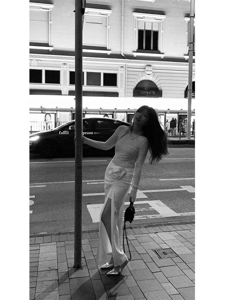 

Removable Tea Rose Asymmetrical Slit Suit Skirt Women's French Sle Polyester Fiber Casual mid Waist Skirt for Ladies
