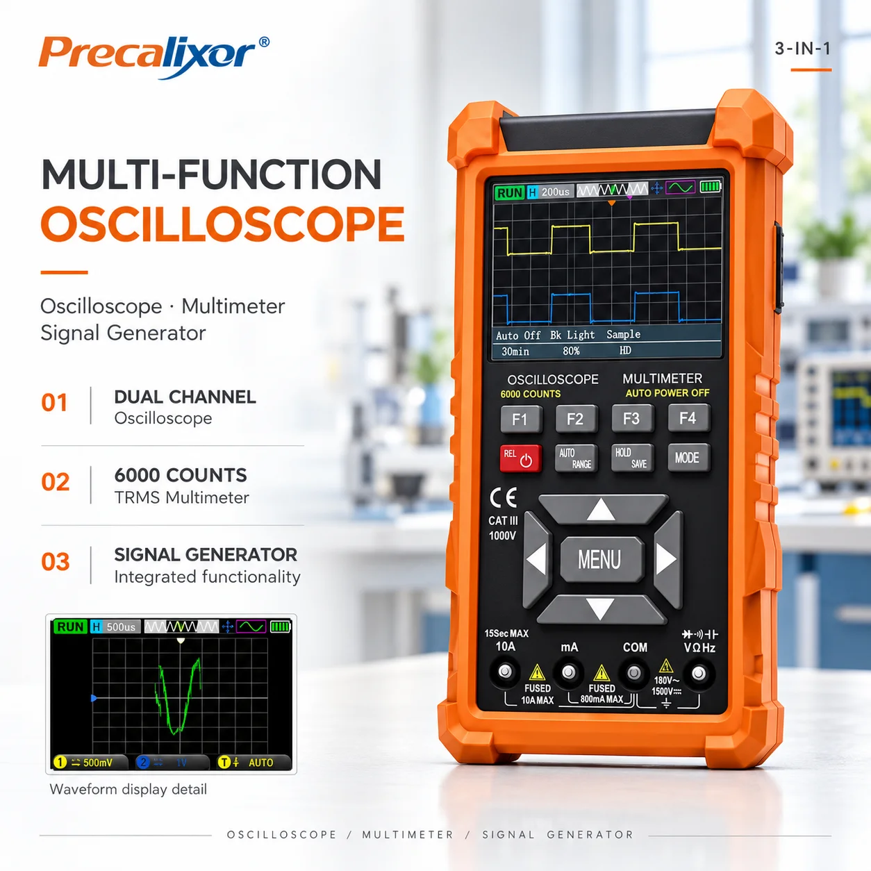 3 in 1 Oscilloscope Multimeter, Handheld Signal Generator, 50MHz Lab Oscilloscopes with 2 Channel, 200M/280MSa/s, USB C Voltage