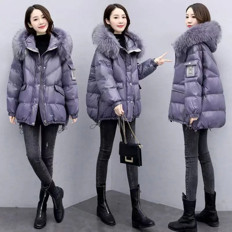 Down Cotton Jacket 2024 New Women\'s Mid Length Korean Version Loose Fitting Thick Jacket Large Woolen Collar Winter Hooded Outfi