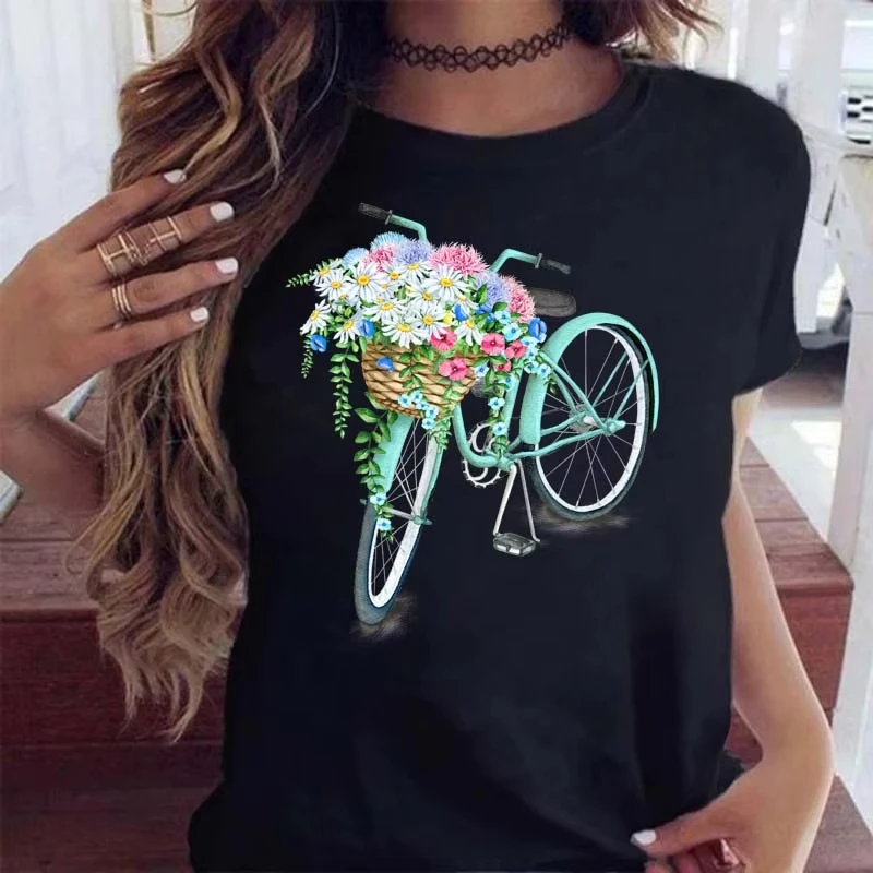 امرأة مضحك دراجة الأزهار طباعة تي شيرت Harajuku المرأة بلايز عادية س الرقبة قصيرة الأكمام بلايز تيز قميص ، انخفاض الشحن Y2K #3