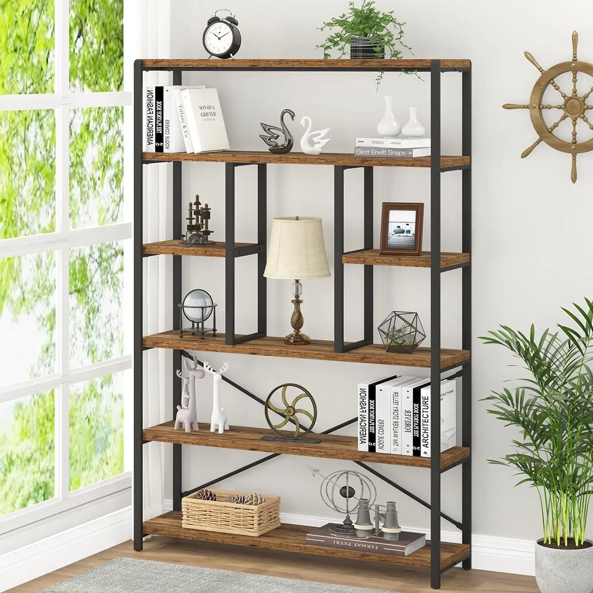 

LVB Rustic Bookcases and Book Shelves, Metal Wood 6 Tier Bookshelf and Book Rack Storage, Industrial Vertical Display Etagere