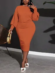 Autumn and Winter Dresses Plus Size for Womens Clothing Solid Orange Going Out Dress Curvy Female Dress Wholesale Dropshipping