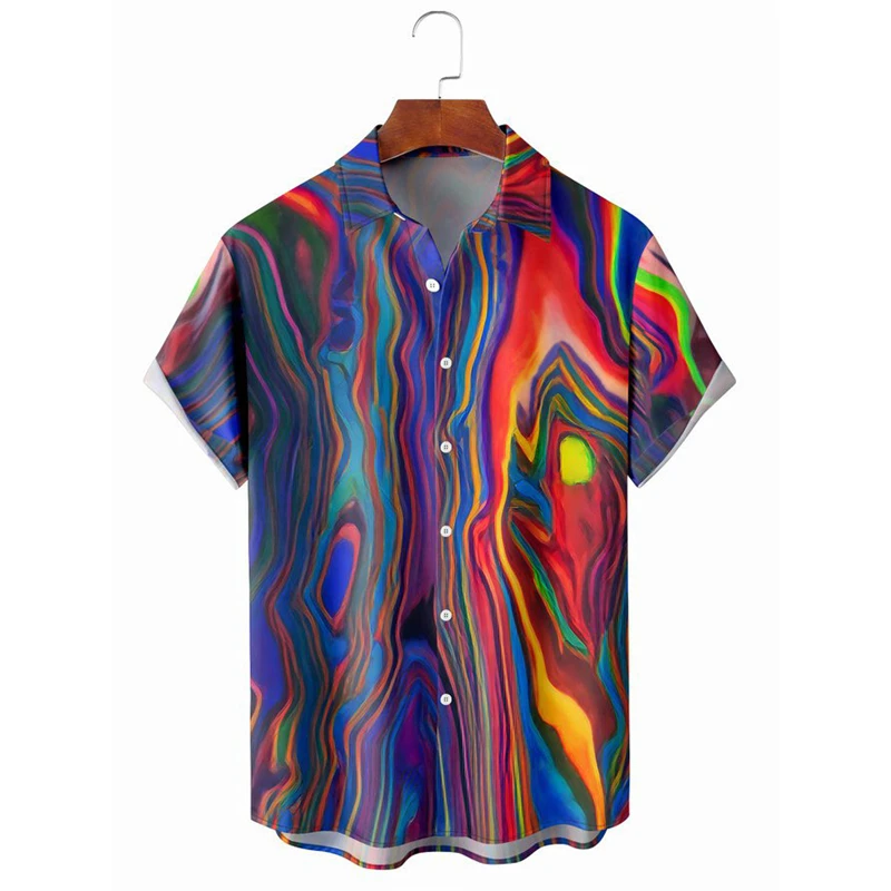 Summer Gradient Line Print Camisa Men\'s Summer Hawaii Beach Shirts Holiday Party 2024 Oversized Lapel Street Social Apparel 4XL