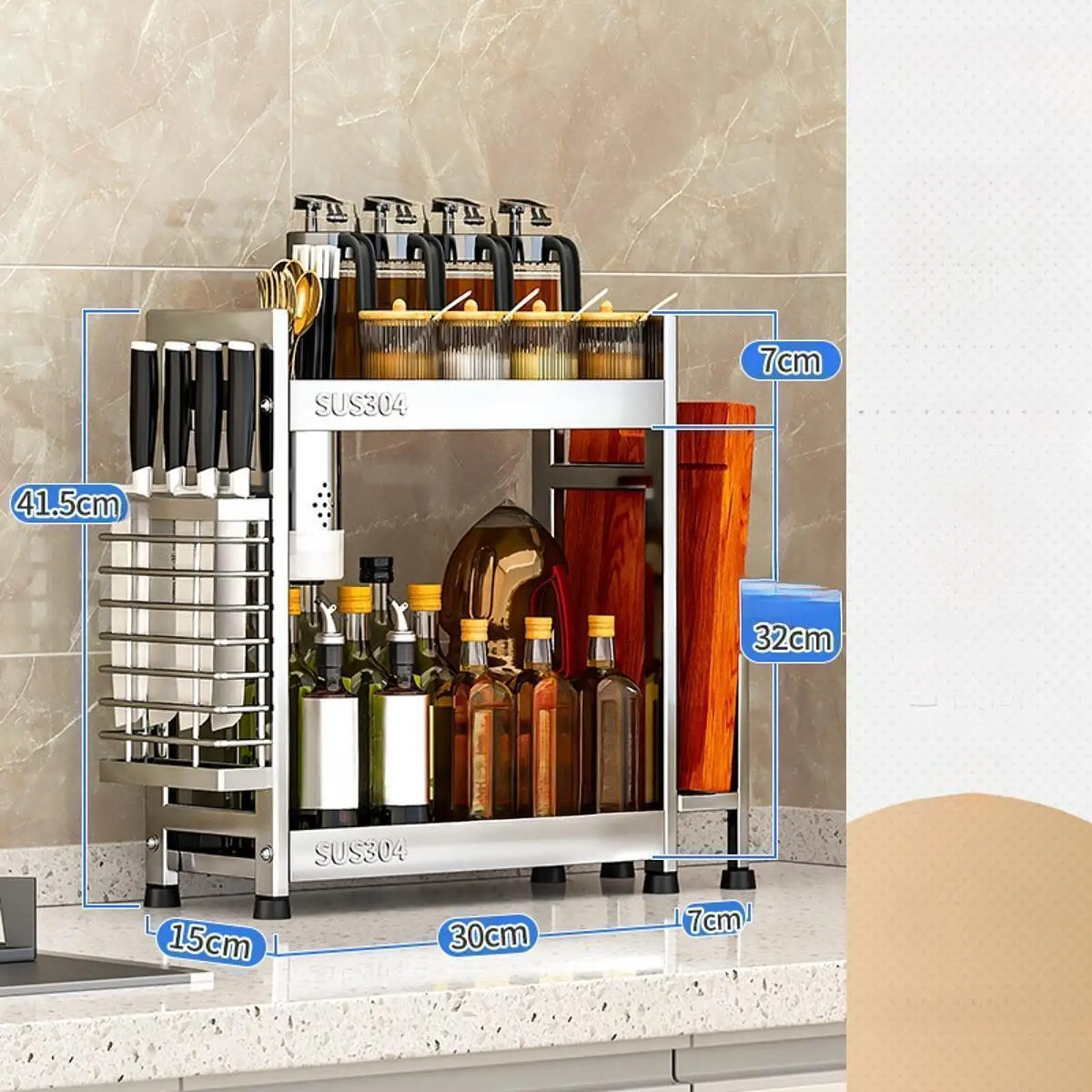 Stainless Steel Kitchen Storage Shelf Two Tier Spice Rack Organizer Countertop Utensil Holder for Kitchen Dining Room