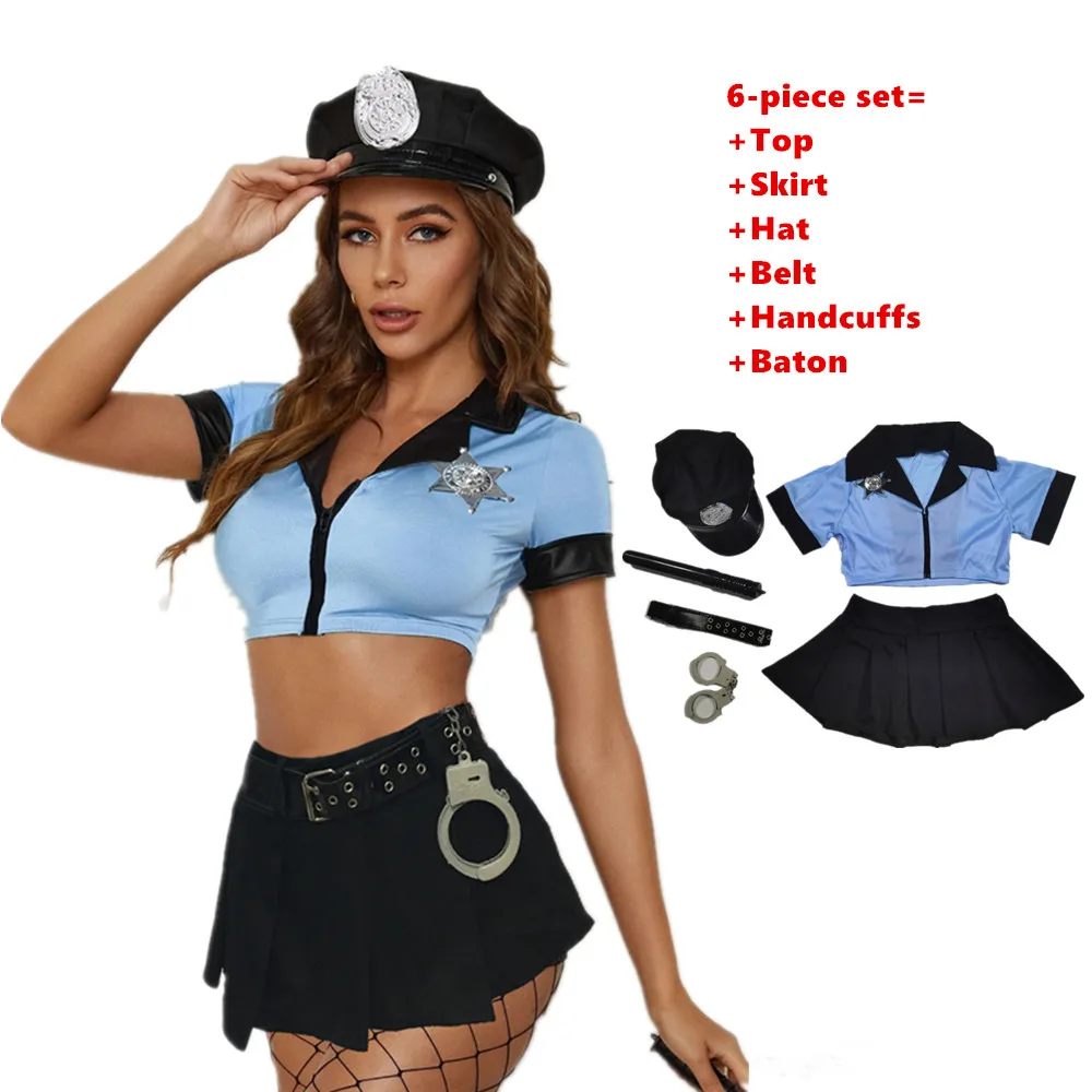 6 Stuks Blauwe Sexy Politieagente Uniform Volwassen Vrouwen Halloween Feest Cosplay Vrouwelijke Agent Outfit Politie Kostuum