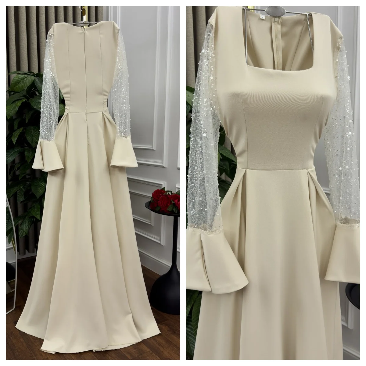 Vestido de noche personalizado Jersey clásico cuello cuadrado lentejuelas mangas largas vestidos de graduación exquisitos vestidos de fiesta de tren de barrido