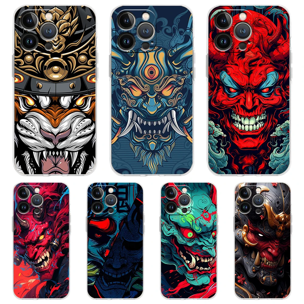 Japan Samurai Oni Mask Soft TPU Transparent Phone Case Cover for iPhone 16 15 14 13 12 11 Pro Max XR 8 7 Plus XS Max Shell Bags