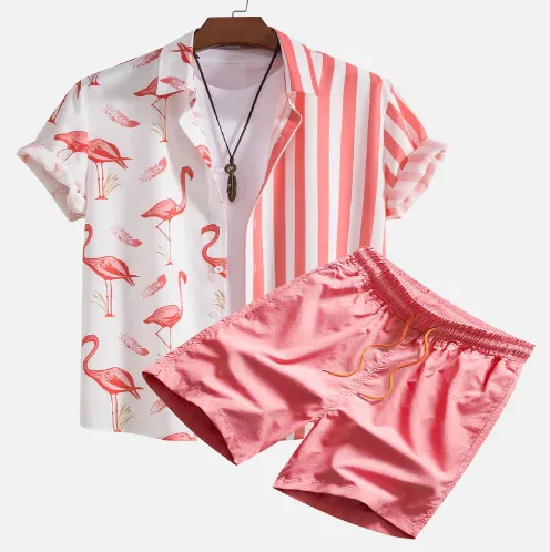 2024 Summer Two-piece Men\'s Hawaiian Flamingo Strip Printed Set Casual Streetwear Button Short Sleeve Shirt&Beach Shorts Set