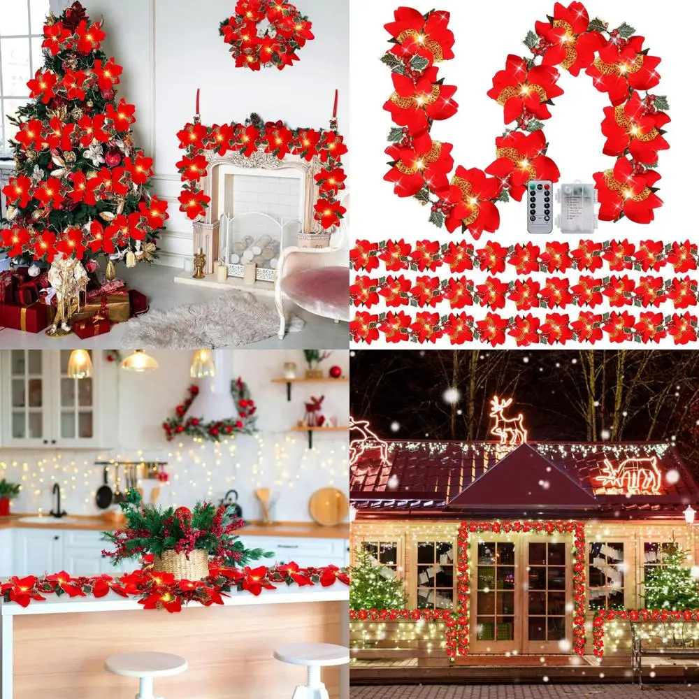 

Prelit Poinsettia Garland with String Lights, Glitter Holly Leaves, Berries, Remote Timer, 8 Modes, 6.5ft Battery-Operated Indoo