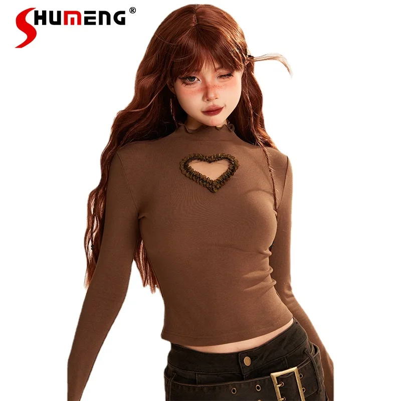 

6 Colors Half Turtleneck Bottoming Shirts Women's Autumn Winter Hollowed Heart Shape Slimming Inner Wear Long Sleeve T-shirt Top