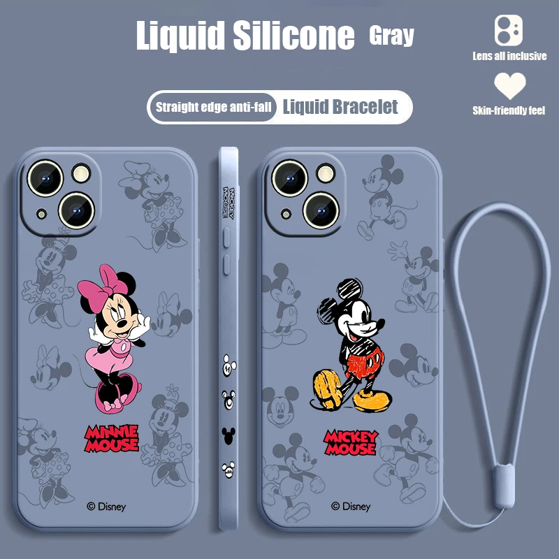 

Cartoon Disney Mickey Mouse Phone Case For Apple iPhone 15 14 13 12 11 XS XR X 8 7 Pro Max Plus Mini Liquid Left Rope Cover