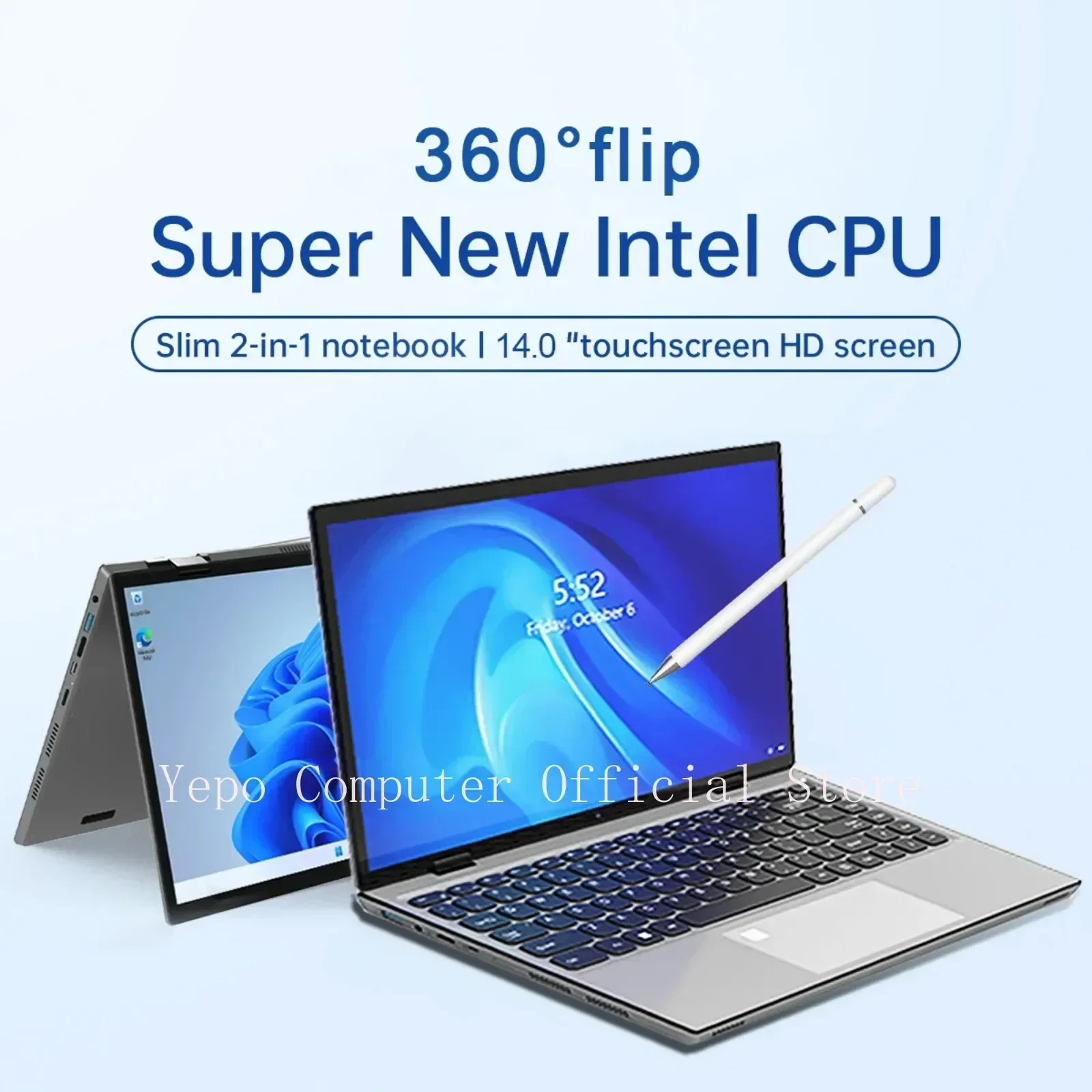 YEPO 2025 كمبيوتر محمول جديدة 360 °   شاشة Flip Fold 2 في 1 Intel N95 Windows11 HD 14 بوصة 2.2K تعمل باللمس 16 جيجابايت رام 1 تيرابايت SSD وسادة وكمبيوتر محمول