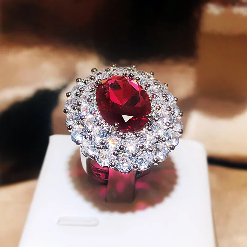 

Delicate Sterling Silver Women's Large Round Red Ruby Zircon Ring Ladies Girls Wedding Party Anniversary Jewelry Wholesale