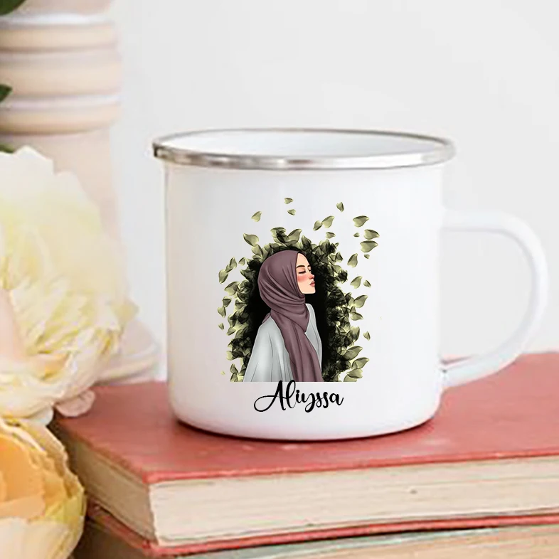 Taza Hijabi personalizada para Niñas musulmanas, tazas de café, bebidas, agua, nombre personalizado, mango de esmalte, regalos Eid