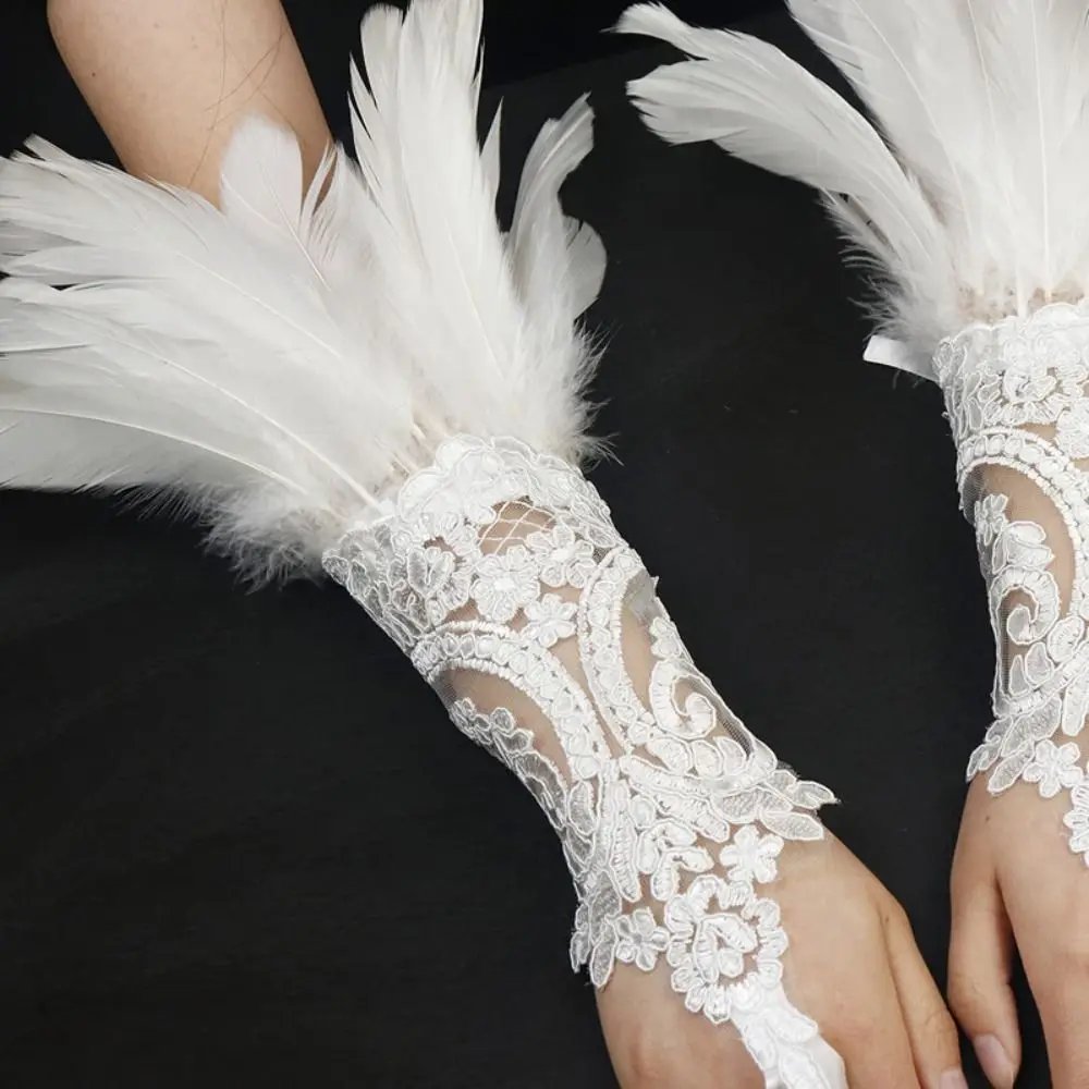 1PC Fashion Accessories Lace Feather Long Gloves Embroidery Wrist Cuffs Female Mittens White Black Wedding Gloves Costume Party