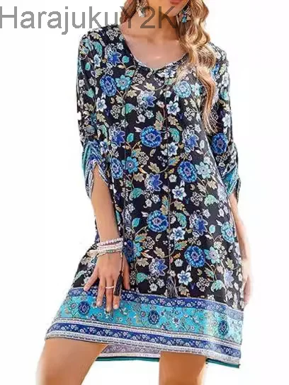 

Summer Casual Holiday Floral Print Dress For Women Short Sleeve Loose A-line Dresses 2024 Beach Sundress Female