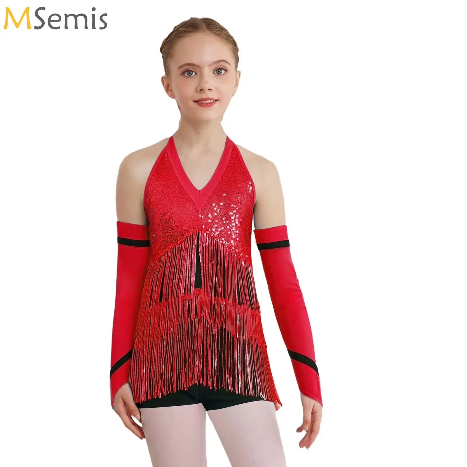 

Teens Girl Figure Skating Jersey Ballet Cha-cha Samba Rumba Tango Latin Dance Dress Color Block Tassels Bodysuit with Gloves Set