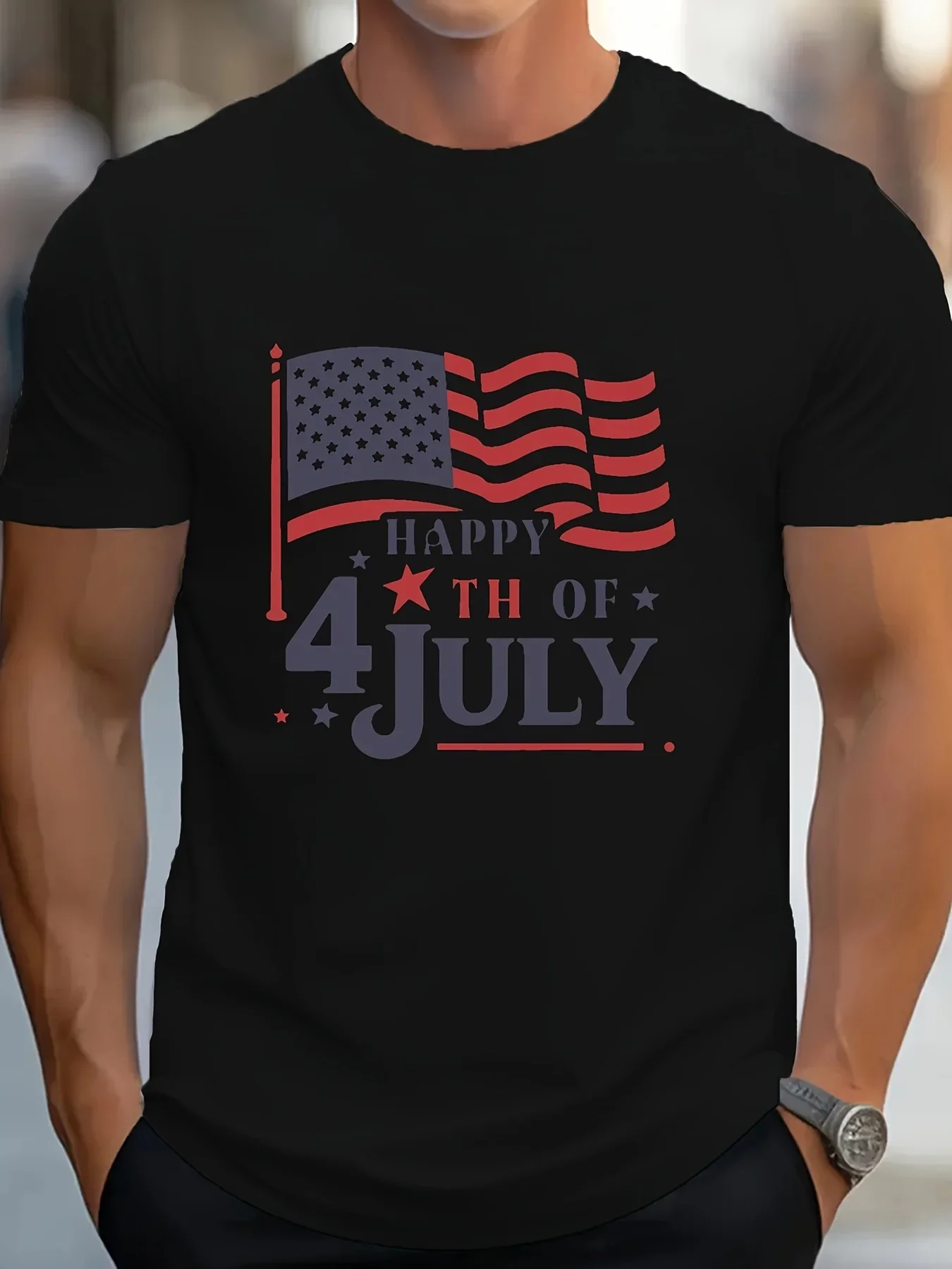 تي شيرت مطبوع Happy July 4th، تي شيرت رجالي، تي شيرت صيفي كاجوال بأكمام قصيرة