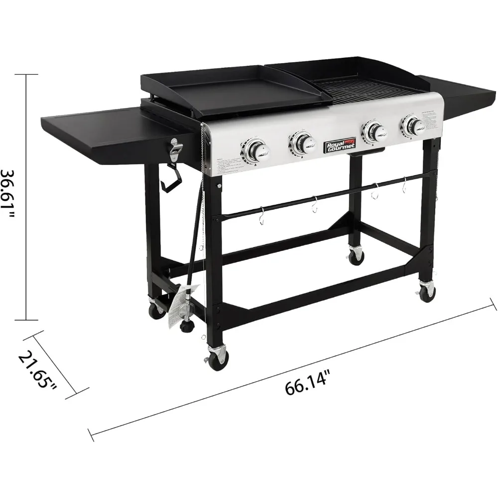 GD401C 4-Burner Portable Gas Grill and Griddle Combo with Cover, 48,000 BTUs, Propane Griddle Grill Combo for Outdoor