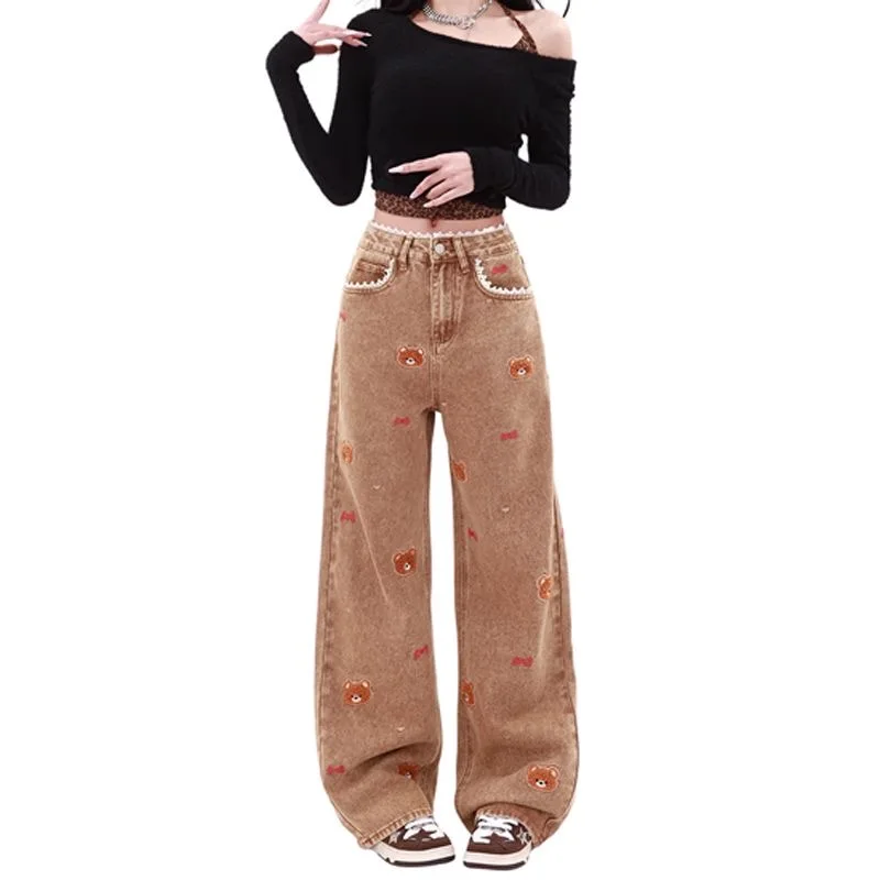 

Ropa Y2K, модные коричневые мешковатые женские джинсы с вышивкой медведя, брюки, женская одежда, кружевные лоскутные повседневные хлопковые длинные брюки