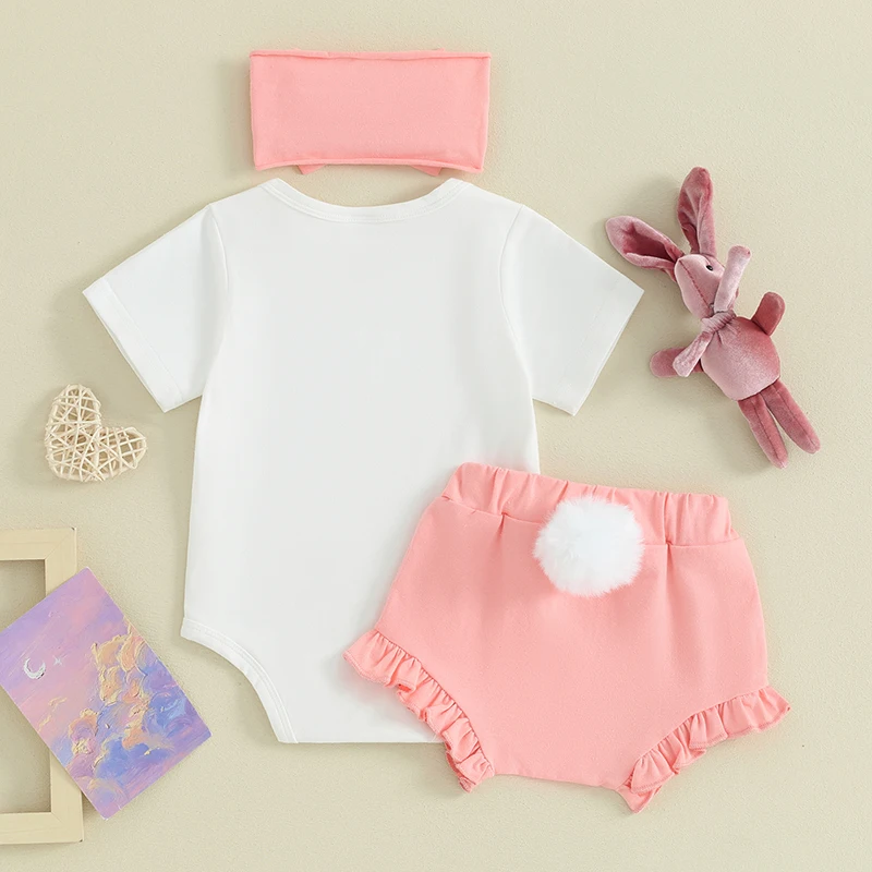 Newborn Summer Clothes Baby Girl Easter Outfit Short Sleeve Romper Solid Color Shorts 3Pcs Sets 3 6 9 12 18 Months