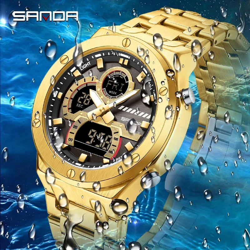 SANDA New Fashion Men Quartz Watch Stainless Steel Multifunction Dual Display Watch LED Luminous Waterproof Men's Digital Watch