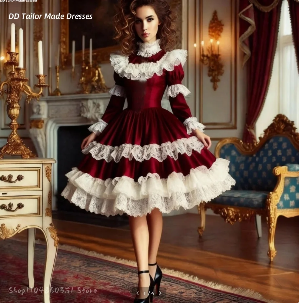 فستان عتيق للحفلات الراقصة متوسط الخادمة من الدانتيل والكشكشة باللون العنابي المخملي فساتين الحفلات التنكرية مخصصة قصيرة للمناسبات الخاصة 2026 #1