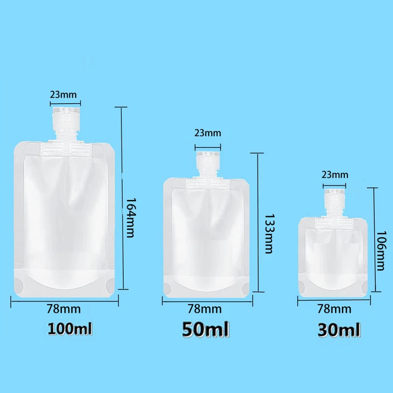 10 Uds 30ml/50ml/100ml bolsa vacía para muestra, bolsas de pie, contenedores cosméticos de tamaño de viaje para artículos de tocador, champú, Gel de ducha