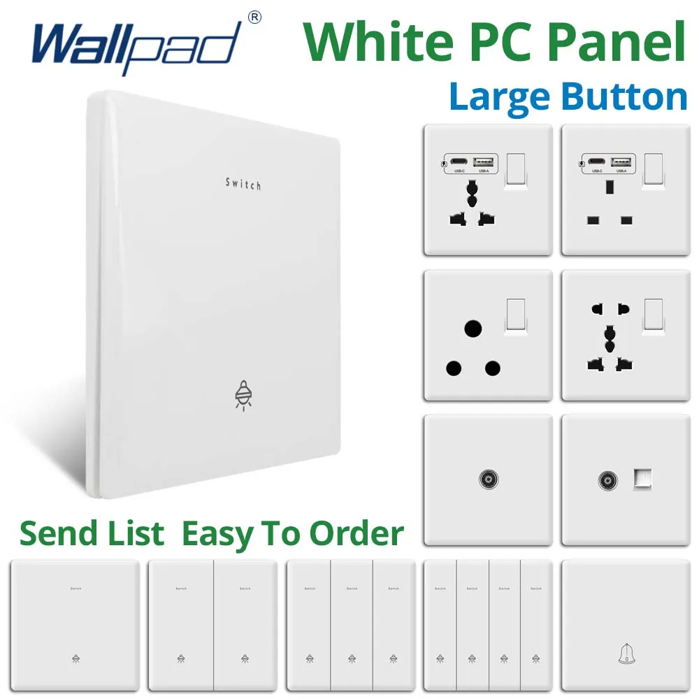 Wallpad Large Button Wall Light Switch 7.5mm Ultra Thin White Plastic Panel EU UK Socket Type C USB Charge Port 10A 250V