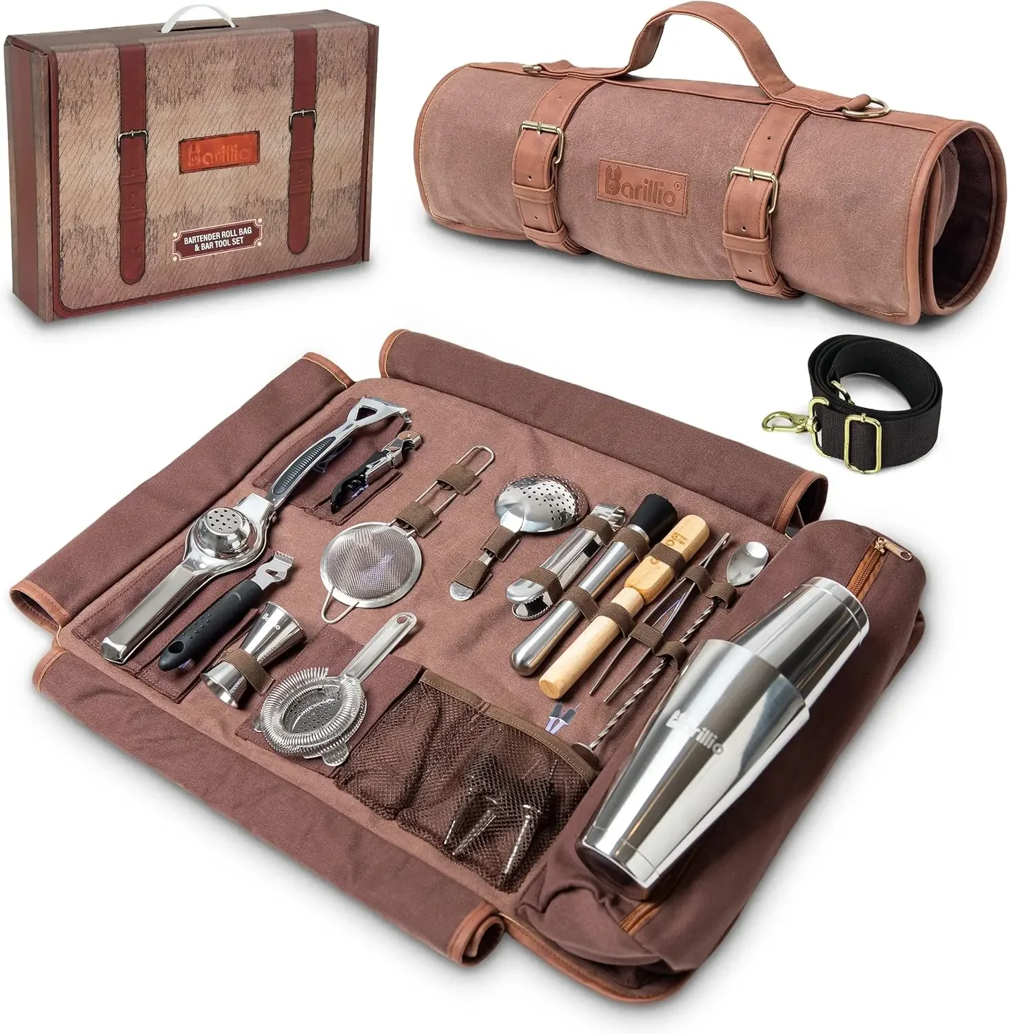 Bartender Bag Travel Bartender Kit Bag with Bar Tools | Professional 17-Piece Bar Tool Set with Portable Waxed Canvas B