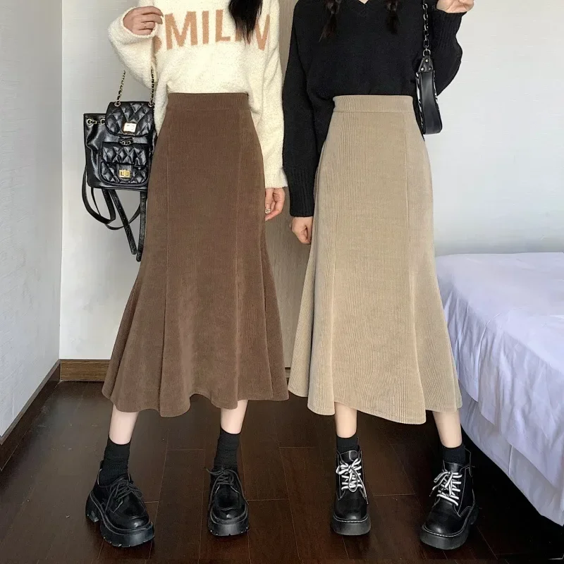 

Corduroy Long Mermaid Skirt Woman 2023 Spring Ruffles High Waist Midi Skirts Women Korean Back Elastic Black Skirt Ladies