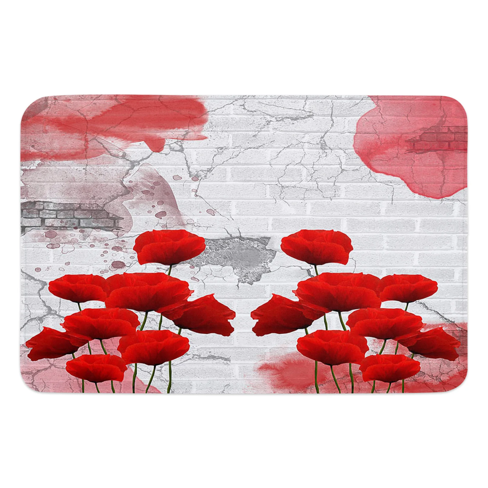 Flowers Red Petals Wall Cracks Brick Gray Branches Bathroom Carpet Kitchen Mat Entrance Door Mats Room Floor Prayer Rug Doormat