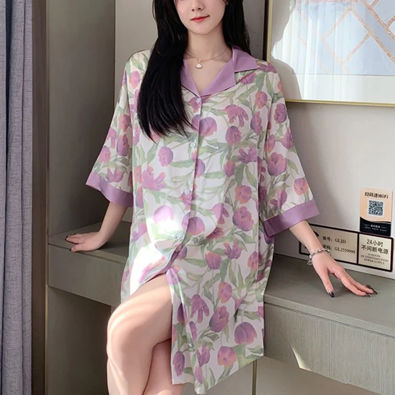 Summer Loose Casual Printing Sleep Robes Women\'s Short Sleeve Trend Fashion Buttons Homewear Female Oversized Print Shirt Dress