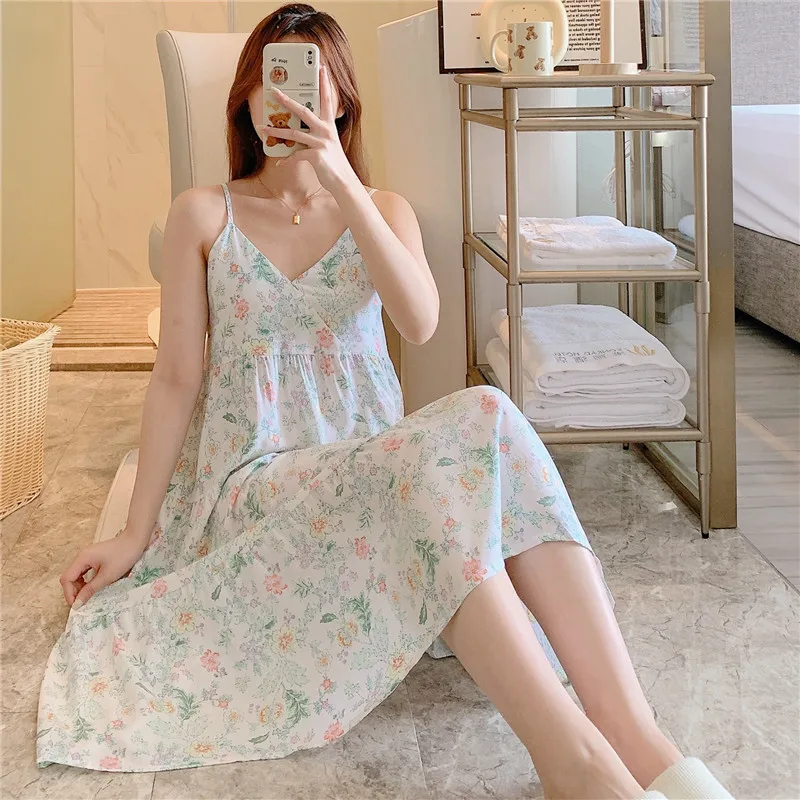 Slip Nightdress Women Summer V-Neck Pajamas Cotton Print Cute Sweet Thin Home wear Dress Lingerie Thin Loose Nightgown