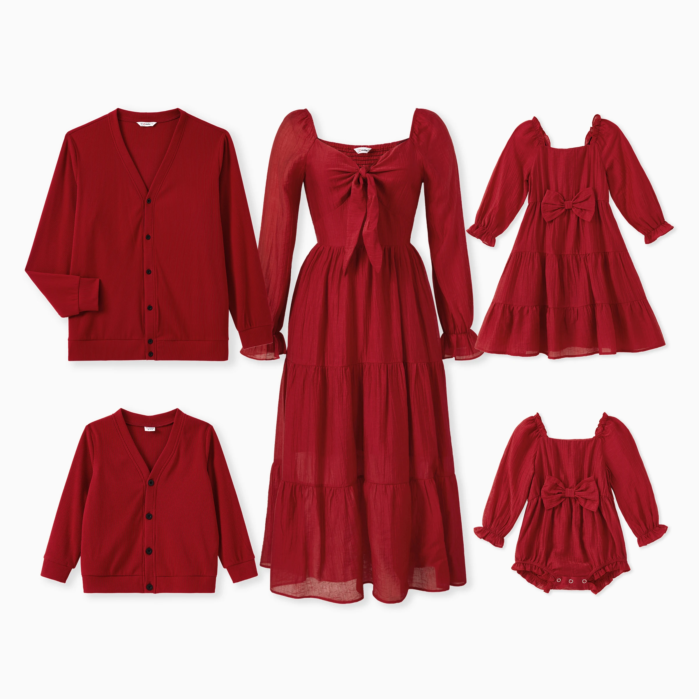 PatPat Family Matching Outfits Red Ribbed Cardigan Long Sleeves Bow Detail Shirred Back Tiered Dress Party