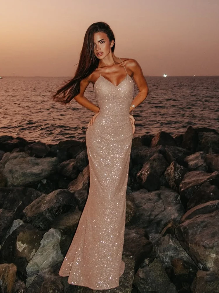 Kliou Sexy Mode Lange Jurken Vrouw Lage Hals Cross Bandage Backless Glanzende Pailletten 2026 Nieuwe Stijl Prom Party Elegante vestidos