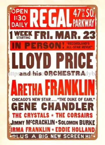 1962 Aretha Franklin, Lloyd Price, Crystals Gene Chandler Concert metal tin sign